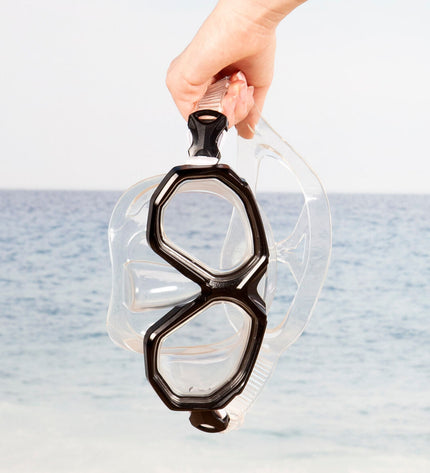 Six AquaSport black diving masks for watersport and outdoor activities, designed for comfortable fit and clear underwater vision.