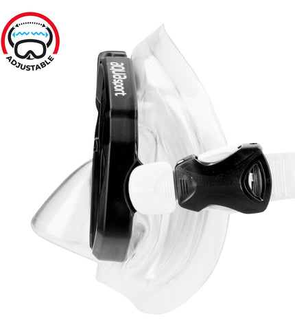 Six black AquaSport diving goggles for watersports and outdoor swimming, featuring adjustable straps and snug fit.