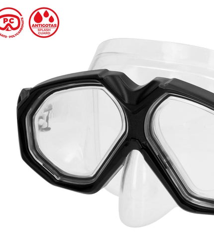 Six AquaSport black diving masks for water sports, featuring adjustable straps and clear lenses for underwater visibility.