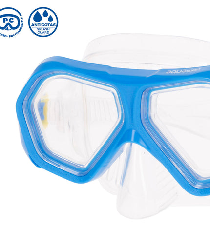 Six AquaSport blue diving goggles for watersport and outdoor activities, with clear lenses and adjustable straps.