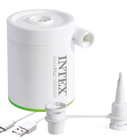 Set of 12 Intex electric air pumps for outdoor camping and sports, compact and portable with control nozzles visible.