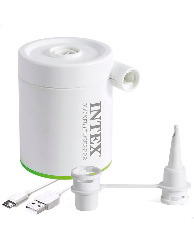 Set of 12 Intex electric air pumps for outdoor camping and sports, compact and portable with control nozzles visible.