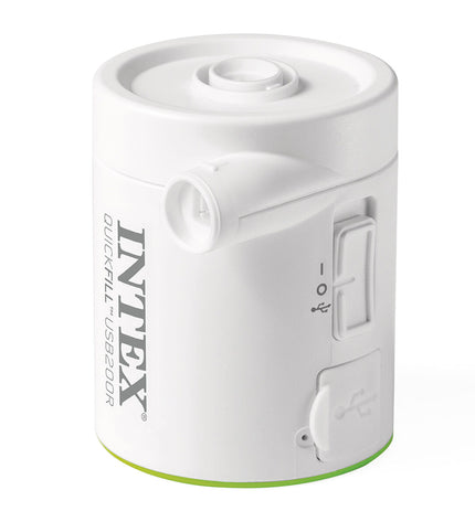 Set of 12 Intex electric air pumps for camping and outdoor use, compact and portable with cords and nozzles visible.