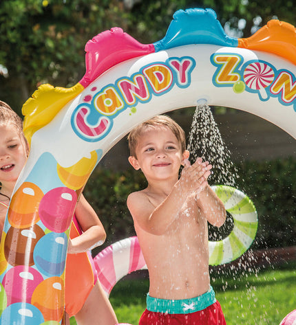 Two Intex inflatable children's swimming pools, 295x130x191 cm, set up outdoors with bright blue and white colors.