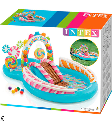 Two Intex inflatable children's swimming pools, each measuring 295 x 130 x 191 cm, with colorful design and sturdy construction.