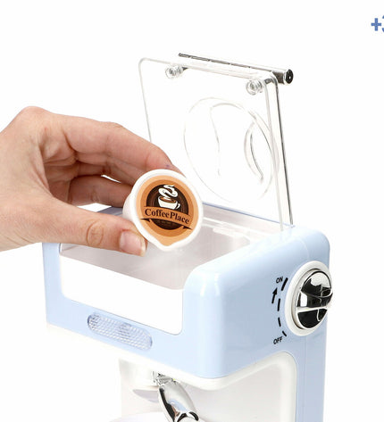 Six BigBuy Kids toy coffee machines for pretend play, colorful miniature kitchen appliances for kids' role-playing activities.