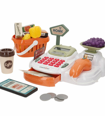 Set of four BigBuy Kids toy cash registers, 23x14x17 cm, for pretend play and imiteerspelletjes, colorful and child-sized.