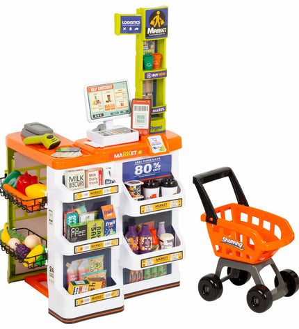 Two BigBuy Kids toy supermarket sets with 50 colorful parts each, featuring shelves and play accessories, in a miniature store layout.