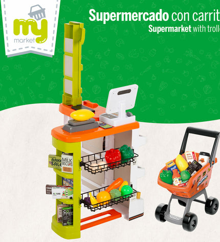 Two BigBuy Kids play supermarket sets with 50 plastic pieces each, featuring colorful shelves and shopping accessories.