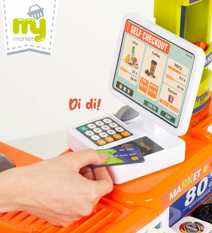 Two BigBuy Kids play supermarket sets with 50 plastic pieces each, featuring colorful grocery items and checkout counters.