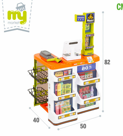 Two BigBuy Kids play supermarket sets with 50 toy pieces each, featuring colorful, realistic grocery store accessories and food items.