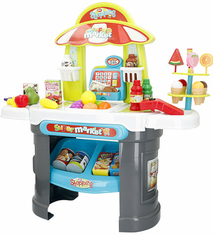 Two BigBuy Kids play supermarket sets with colorful shelves and pretend food, ideal for children's imaginative role-playing.