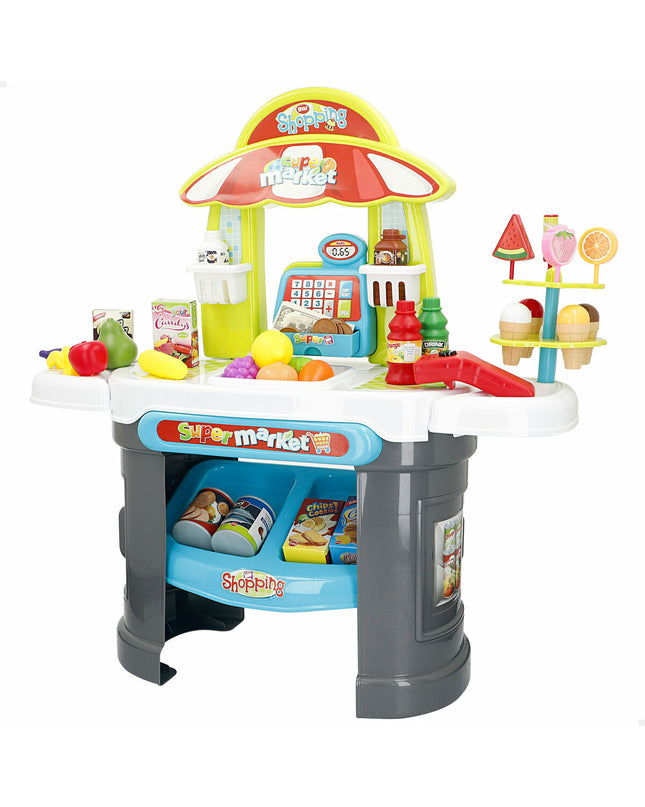 Two BigBuy Kids play supermarket sets with colorful shelves and pretend food, ideal for children's imaginative role-playing.