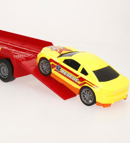 Two Speed & Go toy trucks, carrier vehicles, measuring 55x17x12 cm, shown in a detailed close-up image.