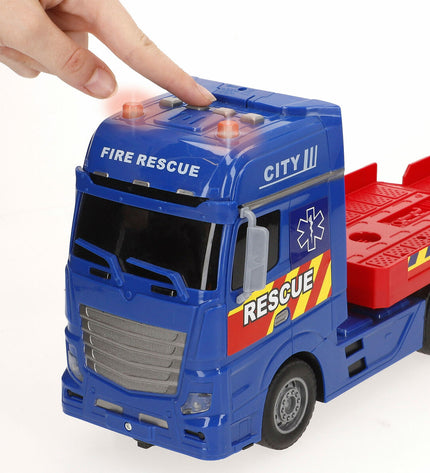 Two Speed & Go toy freight truck carriers measuring 55x17x12 cm, featuring realistic details and sturdy construction.