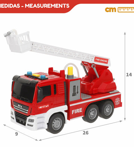 Six Speed & Go fire trucks with lights and sounds, each measuring 26 x 14 x 9 cm, designed for children's play and imaginative fun.