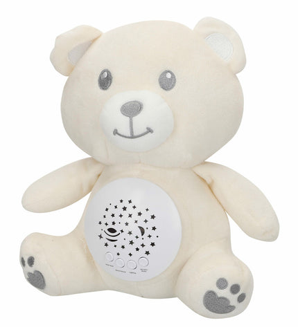 Set of four Colorbaby plush toys with LED projectors, soft plastic, measuring 20x25x12 cm, for children’s playful entertainment.