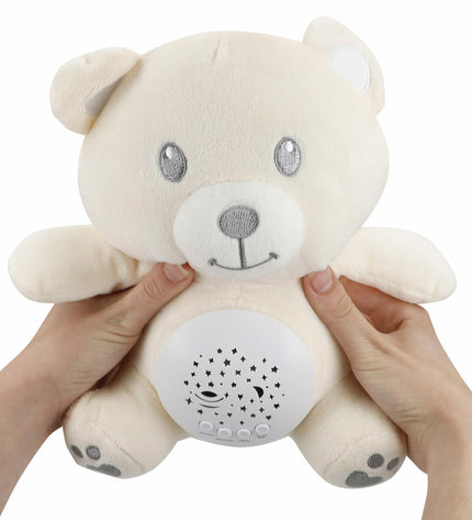 Colorbaby plush toy with LED projector, soft plastic material, measuring 20x25x12 cm, set of four colorful cuddly toys for children.