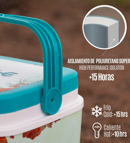 Two Aktive blue plastic 24L portable hard coolers for outdoor camping and hiking, measuring 37x35x27 cm.