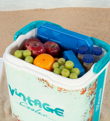 Two Aktive blue plastic portable hard coolers, 24L, suitable for outdoor camping and sports, measuring 37x35x27 cm.
