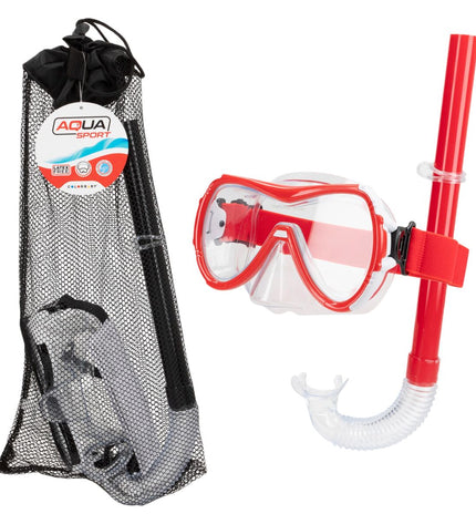 Six AquaSport children's snorkel masks and snorkel tubes in black and red for water sports and outdoor snorkeling activities.