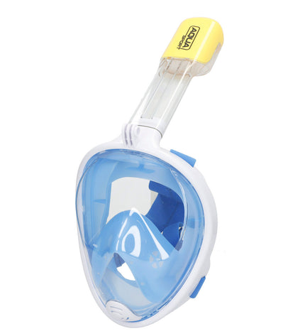 Blue AquaSport snorkel mask with camera support for watersports, shown with four masks in turquoise color.