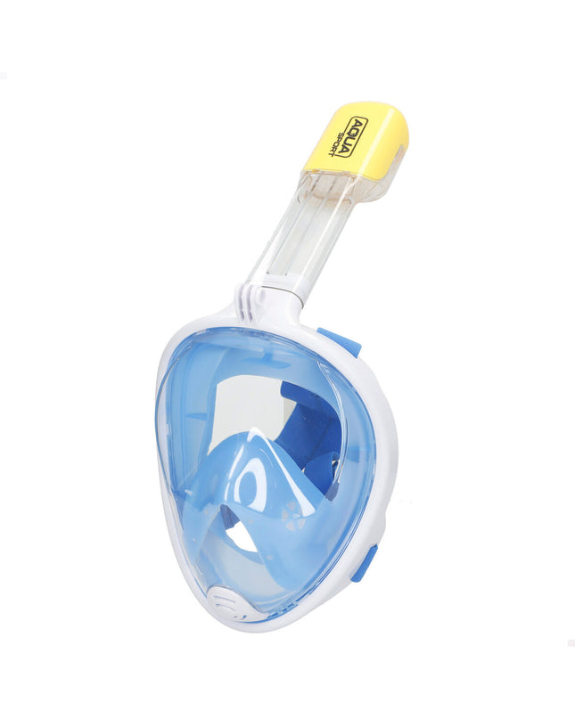 Blue AquaSport snorkel mask with camera support for watersports, shown with four masks in turquoise color.