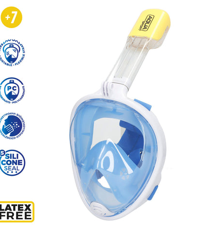 AquaSport snorkelmasker with camera support in turquoise blue, shown with four waterproof masks for watersport activities.
