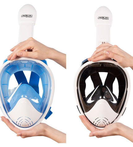 Blue and white AquaSport snorkel mask with camera support, set of four for watersport and outdoor activities.
