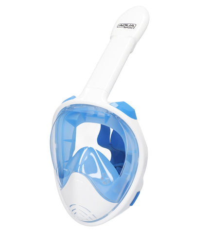 Set of four AquaSport snorkeling masks with camera support, blue and white, designed for sports and outdoor water activities.