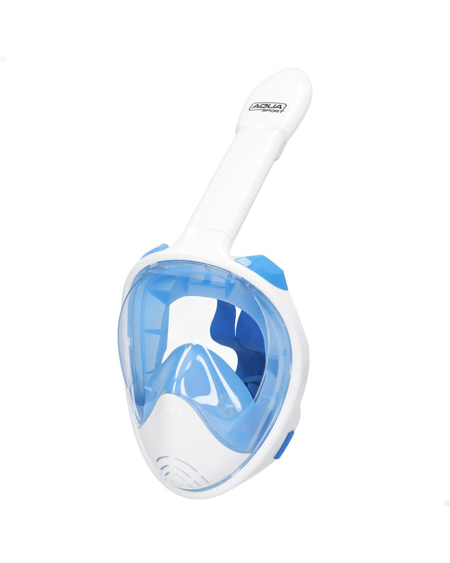 Set of four AquaSport snorkeling masks with camera support, blue and white, designed for sports and outdoor water activities.