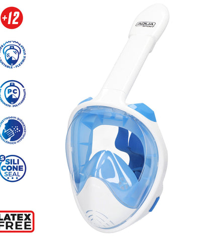 Blue and white AquaSport snorkel masks with camera support, set of four, for watersport and outdoor snorkeling activities.