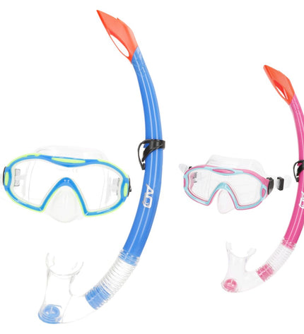 Set of six AquaSport kids' snorkel masks and snorkel tubes in blue and pink for outdoor watersport activities.