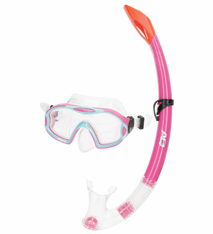 Set of six AquaSport children's snorkel masks and snorkel tubes in blue and pink, suitable for water sports and outdoor swimming.