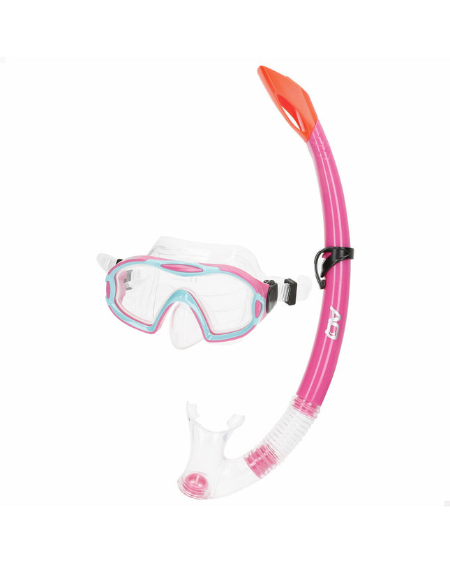 Set of six AquaSport children's snorkel masks and snorkel tubes in blue and pink, suitable for water sports and outdoor swimming.