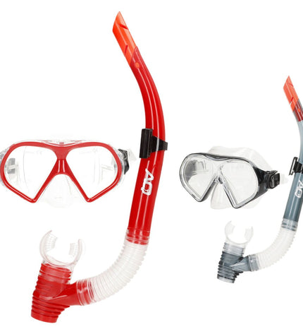 Red and gray children's AquaSport snorkel masks and snorkel tubes for water sports, with six sets shown on a plain background.