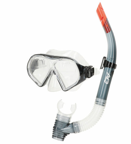 Six AquaSport children's snorkel masks and snorkel tubes in red and gray for watersports and outdoor swimming.