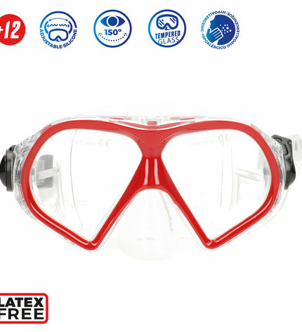Set of six AquaSport children's snorkel masks and snorkel tubes in red and gray for water sports and outdoor swimming.