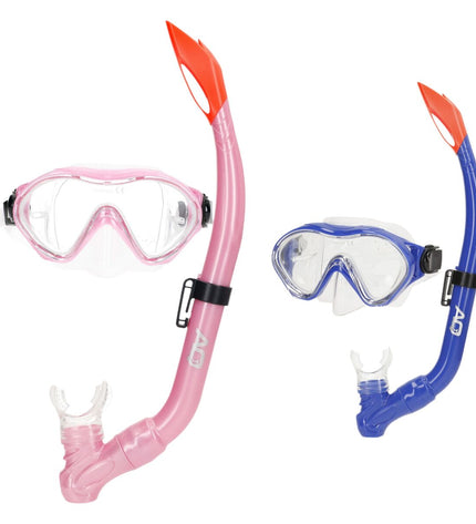 Set of six AquaSport snorkel masks and snorkel tubes for kids in blue and pink, suitable for watersport and outdoor swimming.