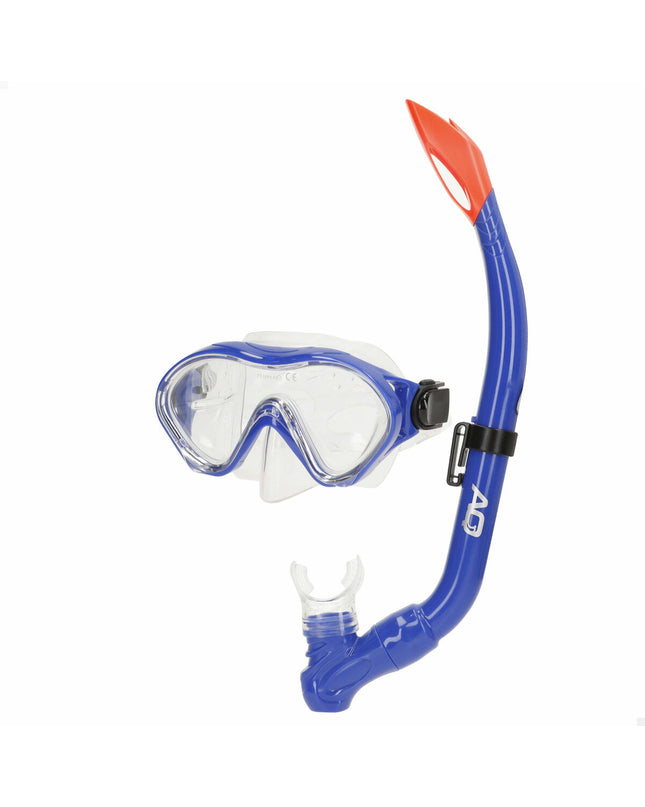 Set of six AquaSport children's snorkel masks and snorkel tubes in blue and pink, designed for water sports and outdoor swimming.
