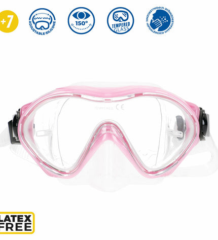 Set of six AquaSport children's snorkel masks and snorkel tubes in blue and pink for water sports and outdoor swimming.