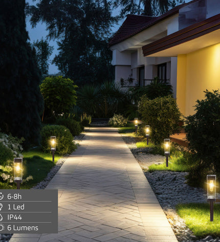 Set of four Aktive outdoor garden decorative solar lamps, 6x55x6 cm, designed for outdoor garden lighting and decoration.
