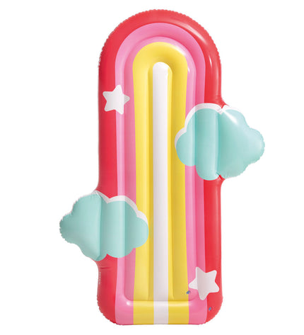 Six multicolour inflatable mattresses by Intex, rainbow design, measuring 183 x 132 cm, suitable for outdoor play and relaxation.