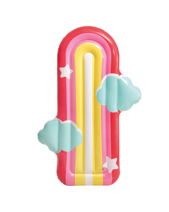 Six multicolour inflatable mattresses by Intex, rainbow design, measuring 183 x 132 cm, suitable for outdoor play and relaxation.