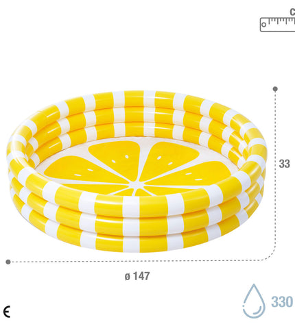 Six yellow inflatable Intex children's swimming pools shaped like Citroën cars, measuring 147 x 33 x 147 cm, for outdoor play.