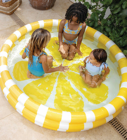 Set of six yellow Intex inflatable children's swimming pools with citroen design, each measuring 147 x 33 x 147 cm, for outdoor fun.