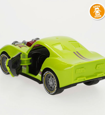 Six Speed & Go 1:14 scale toy speedway vehicles shown in a colorful playset for children.