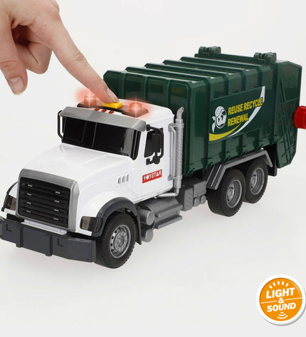 Six Speed & Go toy garbage trucks, colorful miniature vehicles, measuring 31x13x10 cm each, designed for play and collection.