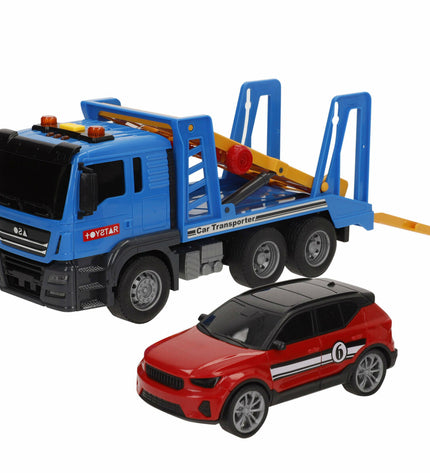 Six Speed & Go toy trucks in red, blue, and yellow with detailed cargo cabins, measuring 26x13x9 cm each.