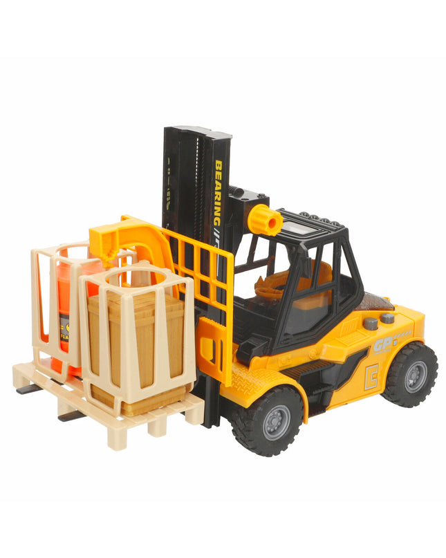 Set of six Colorbaby toy construction vehicles with lights and sounds, colorful plastic vehicles measuring 26x14x10 cm each.